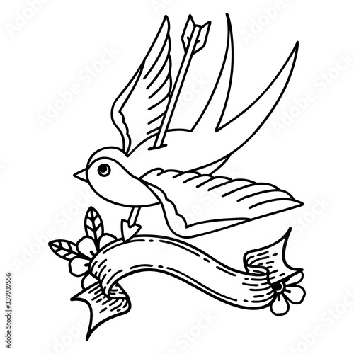 black linework tattoo with banner of a swallow