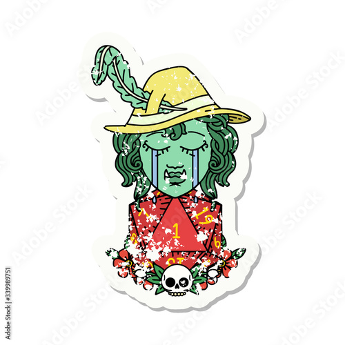 crying bard orc bard character with natural one D20 roll grunge sticker