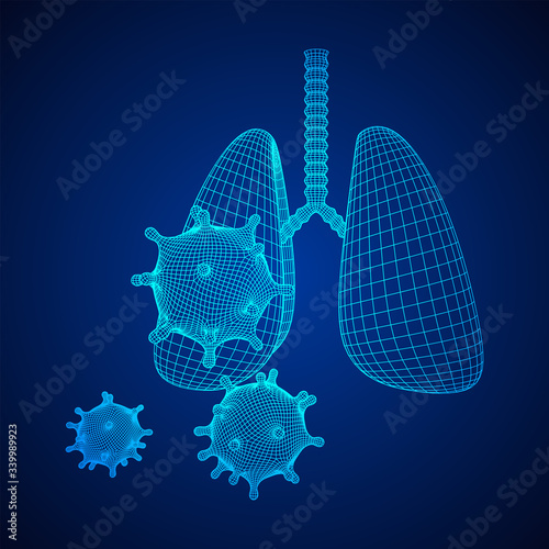 Corona Virus and Lungs with trachea bronchi internal organ human. Covid virus pulmonology medicine science concept. Wireframe low poly mesh vector illustration.