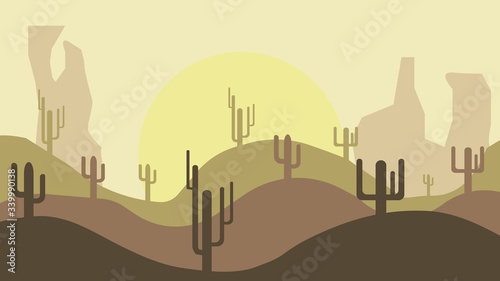 Flat landscape design vector illustration with desert. Desert landscape with cacti. Flat cartoon vector illustration.