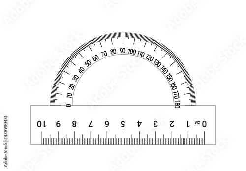 The measuring instrument is a protractor on a white background. Vector illustration.