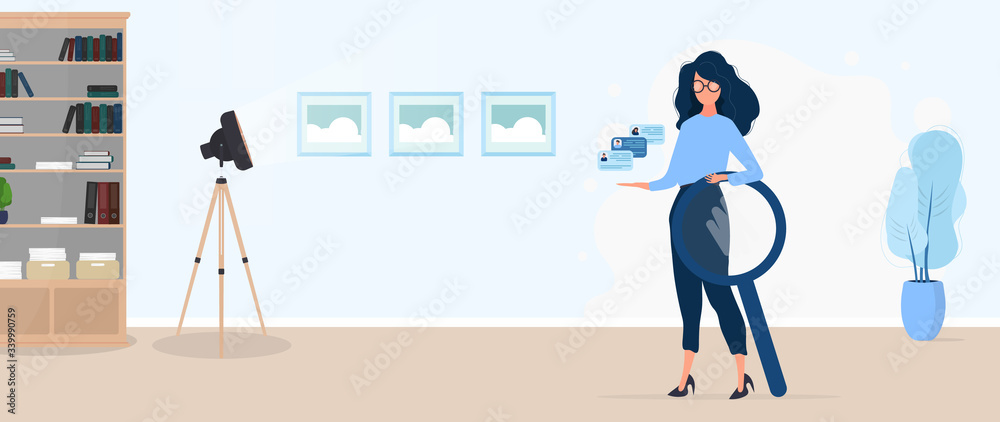 Girl in glasses. Recruitment Specialist. The concept of finding people to work, view vacancies and resumes. Girl, magnifier, office, cabinet with documents, floor lamp with wooden legs. Vector