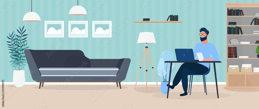 Girl works at a laptop in a stylish office. A study, a computer, a sofa, a wardrobe, a bookcase with books, paintings on the wall. Work at home. Vector. Girl works at a laptop in a stylish office. A study, a computer, a sofa, a wardrobe, a bookcase with books, paintings on the wall. Work at home. Vector.