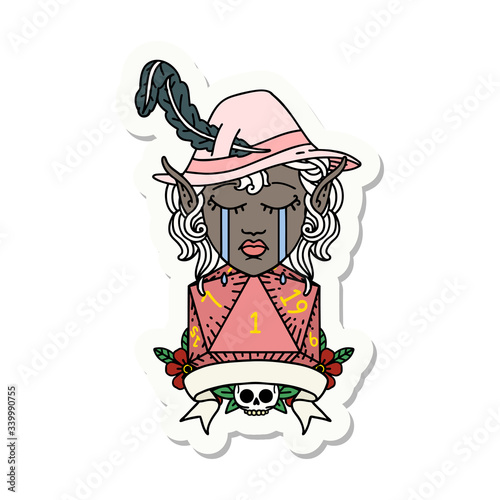 crying elf bard character with natural one D20 roll sticker