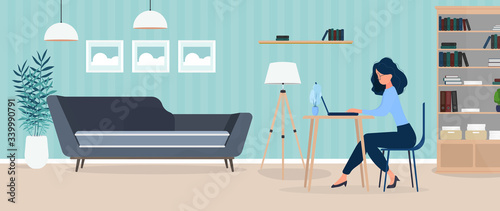 Girl works at a laptop in a stylish office. A study, a computer, a sofa, a wardrobe, a bookcase with books, paintings on the wall. Work at home. Vector.