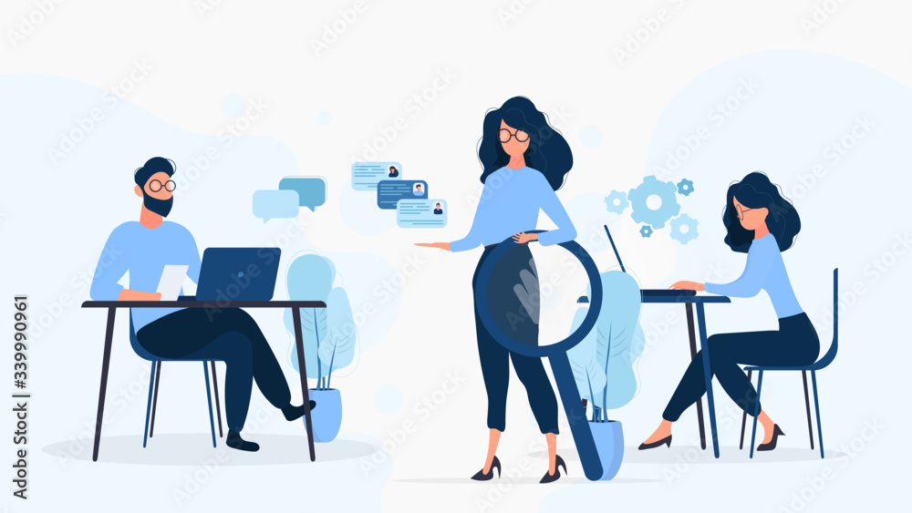 A set of people working on a computer. Teamwork. Freelance. Search for ...