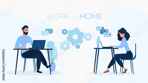 Work from home banner. The guy and the girl at the laptop. The concept of work remotely. Vector.