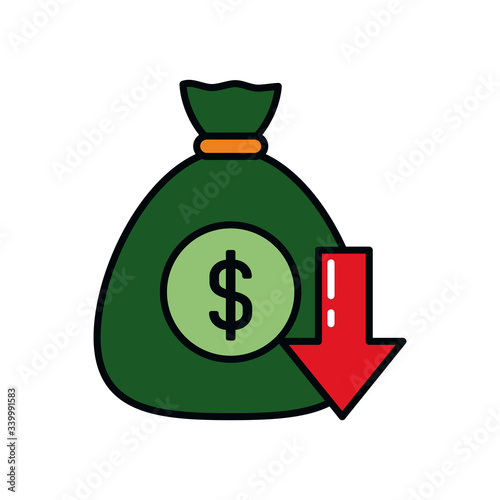 money bag and descending arrow icon, line and fill style