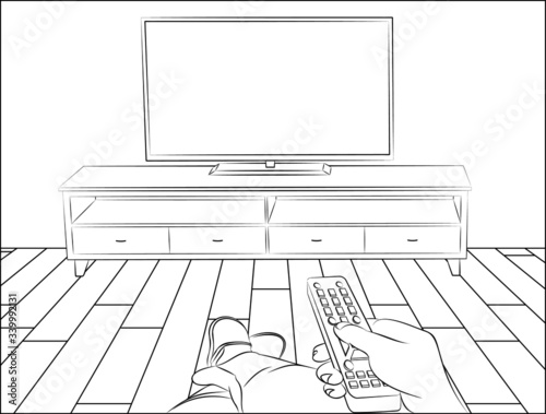 Outlines of a person sitting and holding remote control pointing at TV set