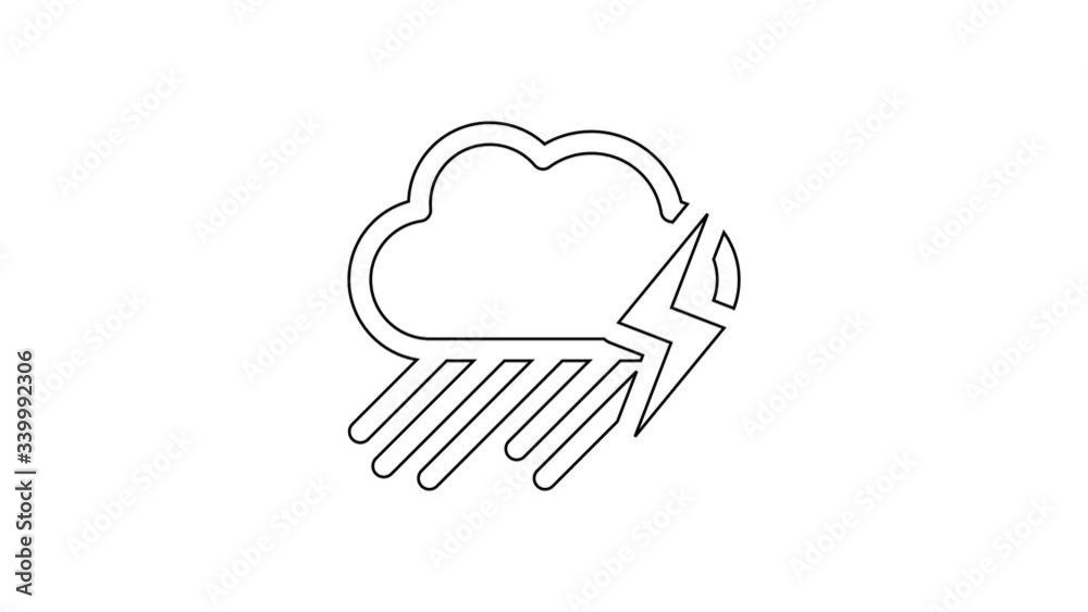Black line Cloud with rain and lightning icon isolated on white background. Rain cloud precipitation with rain drops.Weather icon of storm. 4K Video motion graphic animation Black line Cloud with rain and lightning icon isolated on white background. Rain cloud precipitation with rain drops.Weather icon of storm. 4K Video motion graphic animation
