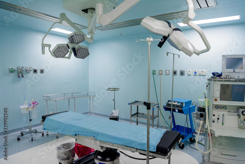 The operating room in the hospital with all the equipment in white and blue.