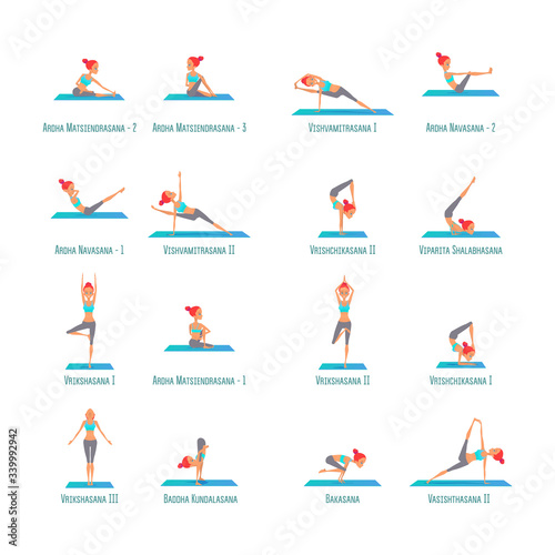 Vector illustration on isolated white background. Set of poses yoga girls asanas.