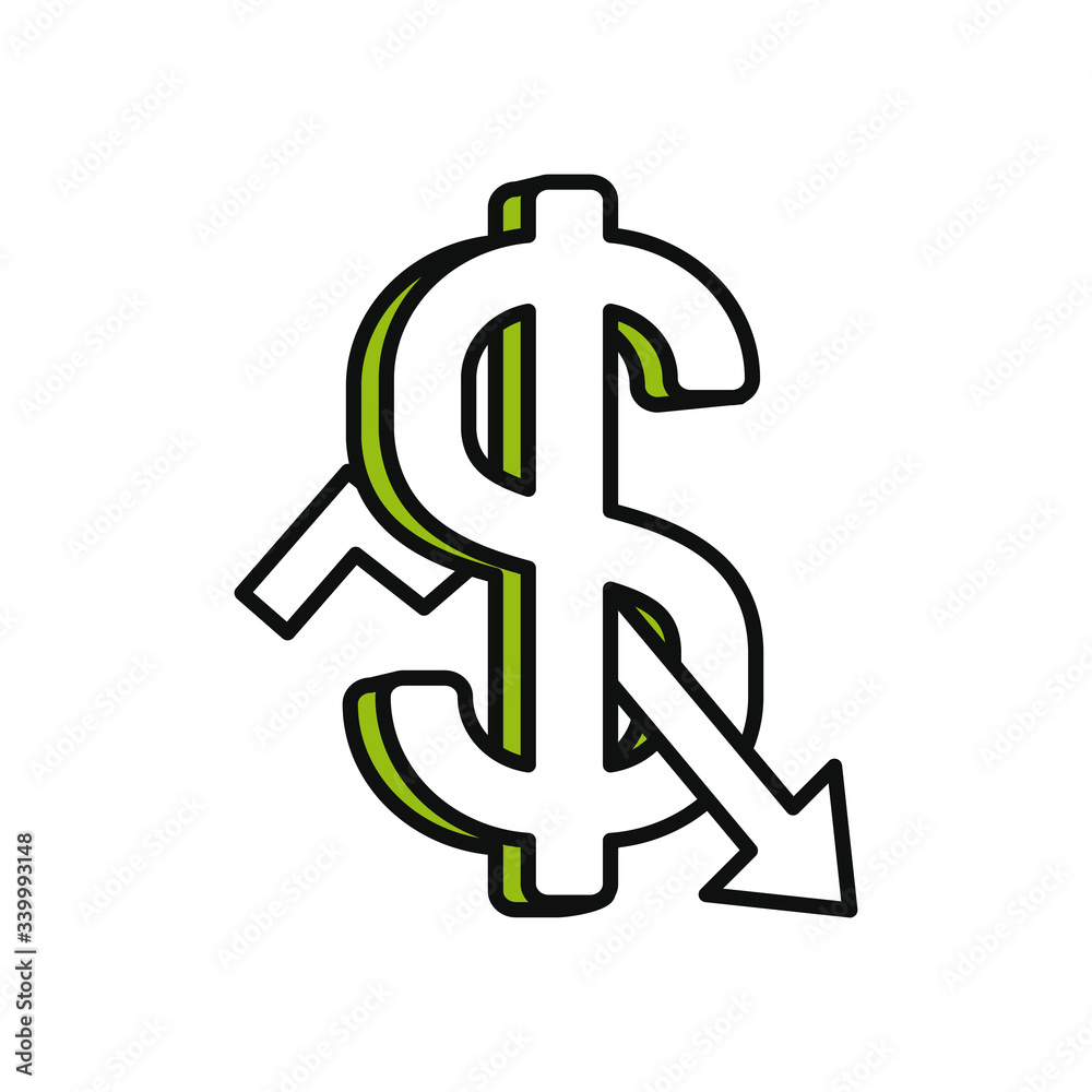money symbol and descending arrow icon, half color half line style money symbol and descending arrow icon, half color half line style