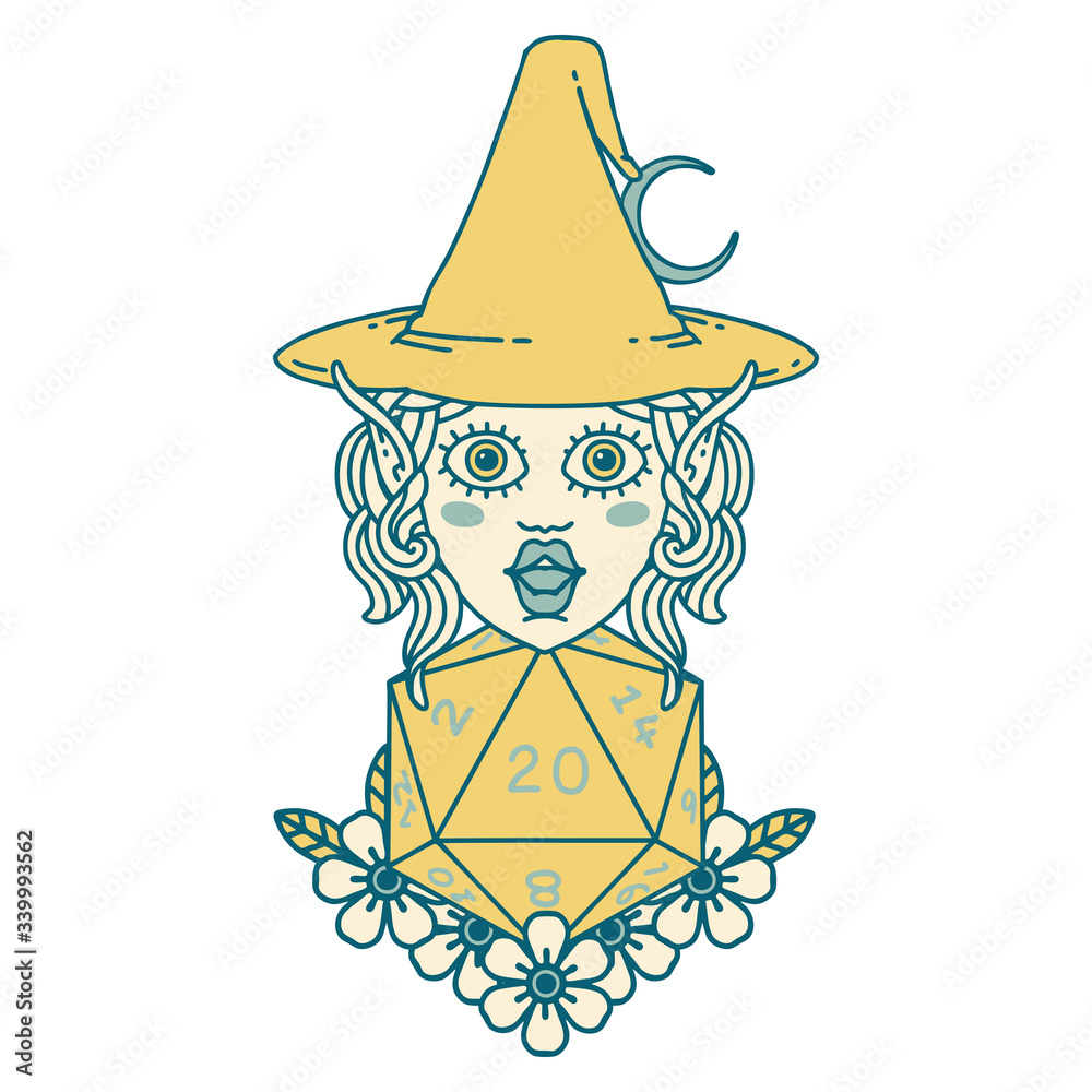 elf mage character with natural twenty dice roll illustration elf mage character with natural twenty dice roll illustration