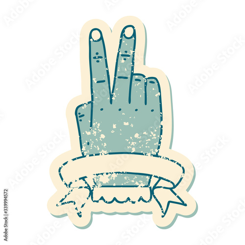 victory v hand gesture with banner illustration