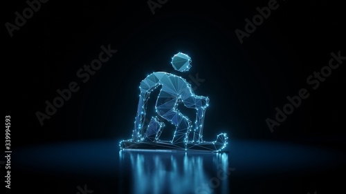 3d rendering wireframe neon glowing symbol of skiing nordic on black background with reflection