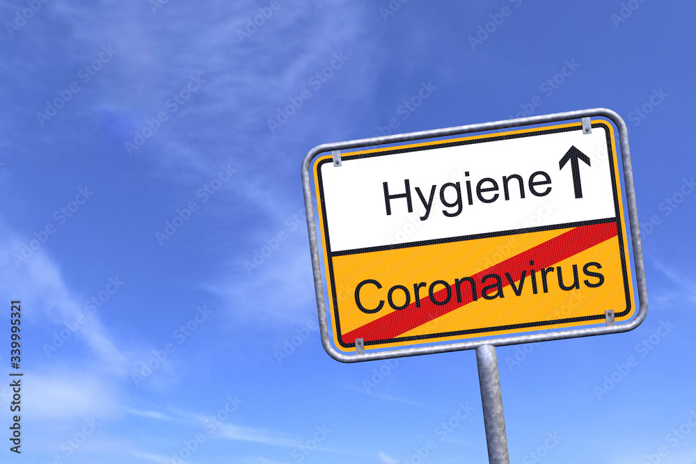 Obraz premium 3d Illustation - Ortsschild - Ortstafel - SARS-CoV-2 - Coronakrise - Hygiene - Coronavirus