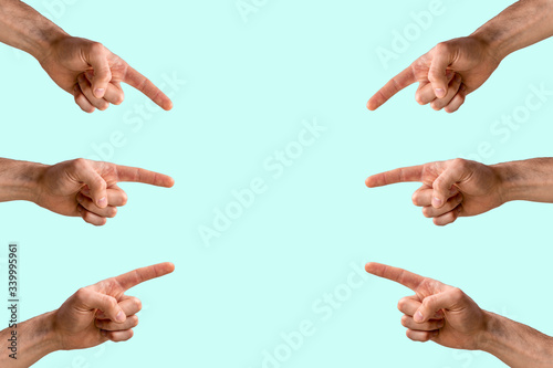 Male hands point fingers to an object . Symbol of choice.Fingers point to each other on white background
