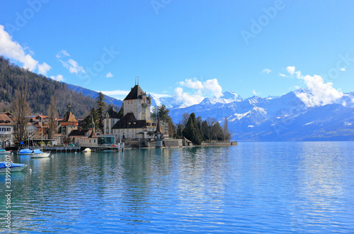 Oberhofen Castle from Lake Thun. Oberhofen town is located on the northern shore of Lake Thun. Switzerland  Europe.