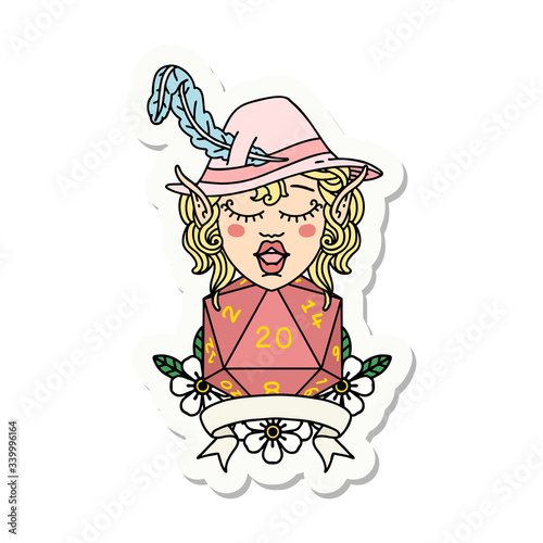 elf bard with natural twenty dice roll sticker