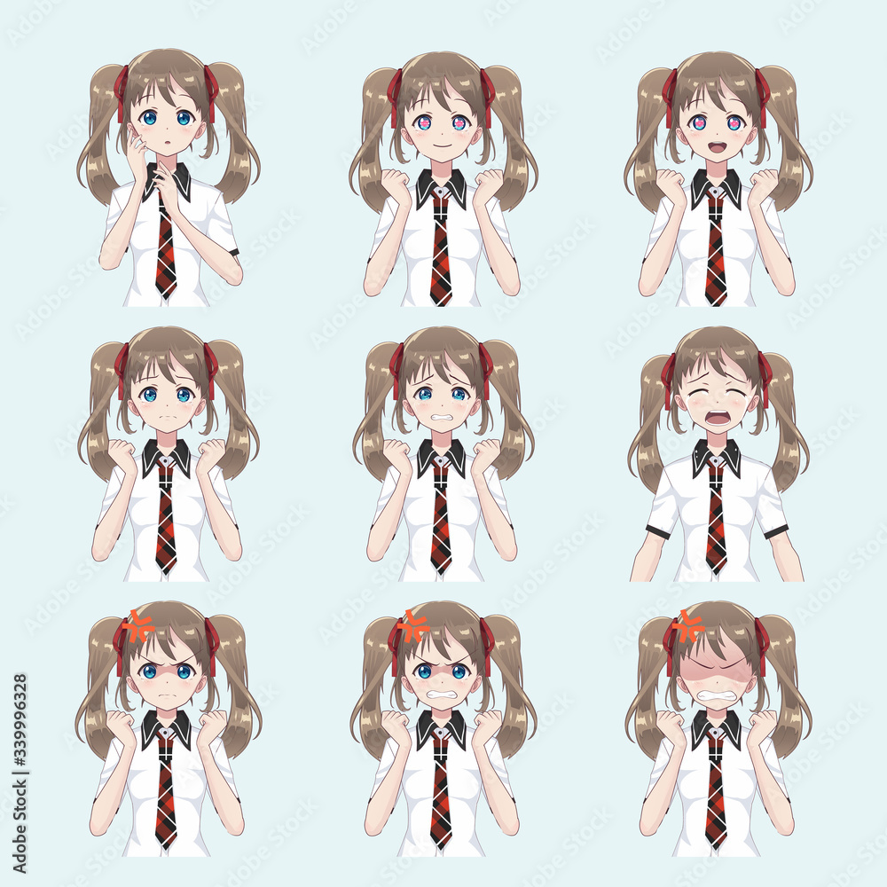Avatar anime manga girls schoolgirl, in Japanese style to the waist. Set of  emotions of falling in love, sadness anger Stock Vector | Adobe Stock