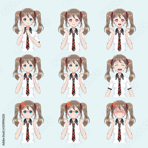 Avatar anime manga girls schoolgirl, in Japanese style to the waist. Set of emotions of falling in love, sadness anger