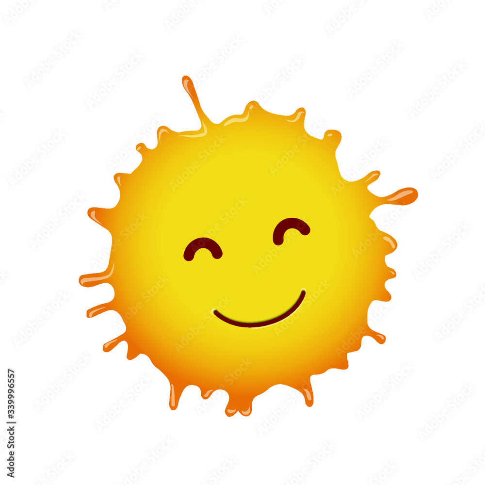Funny cartoon smyling sun. Joyful blot character for spring, summer designs.