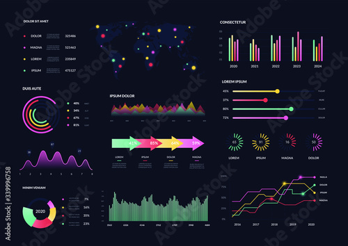 Futuristic ui infographics. Vector network management data screen with colored charts, graphic, ui panel. Interface template digital illustration on tech panel hud diagram