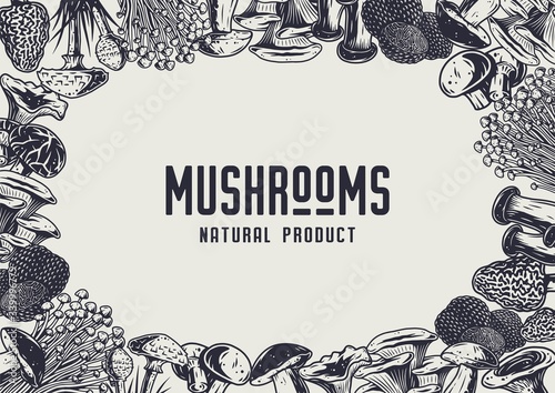 Autumn forest mushroom picking, vegan menu frame