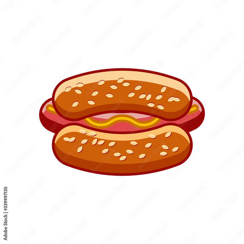 Flat hot dog illustration isolated on white background. Sandwich with ketchup and mustard. Fast food hotdog icon for poster, banner, menu, brochure, web Flat hot dog illustration isolated on white background. Sandwich with ketchup and mustard. Fast food hotdog icon for poster, banner, menu, brochure, web
