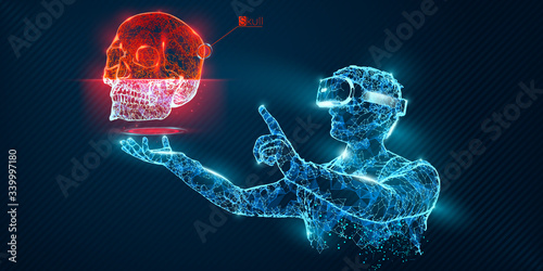 VR wireframe headset vector banner. Polygonal man wearing virtual reality glasses, with holographic of skull. Science, diagnostics, virtual analytics, analysis. VR games. Thank you for watching