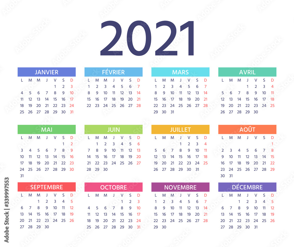 French Calendar 2021 year. Vector. Week starts Monday. France calender template. Yearly stationery organizer. Colorful simple illustration. Horizontal landscape orientation. French Calendar 2021 year. Vector. Week starts Monday. France calender template. Yearly stationery organizer. Colorful simple illustration. Horizontal landscape orientation.