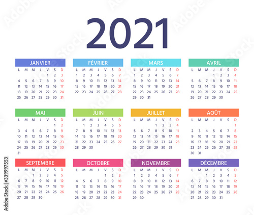 French Calendar 2021 year. Vector. Week starts Monday. France calender template. Yearly stationery organizer. Colorful simple illustration. Horizontal landscape orientation.