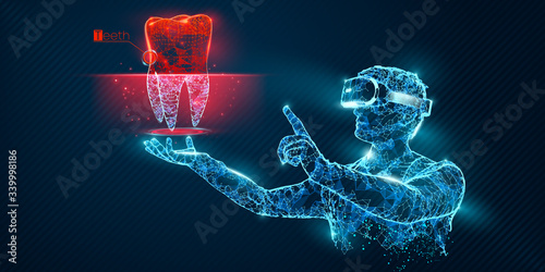 VR wireframe headset vector banner. Polygonal man wearing virtual reality glasses, with holographic of tooth. Science, diagnostics, virtual analytics, analysis. VR games. Thank you for watching