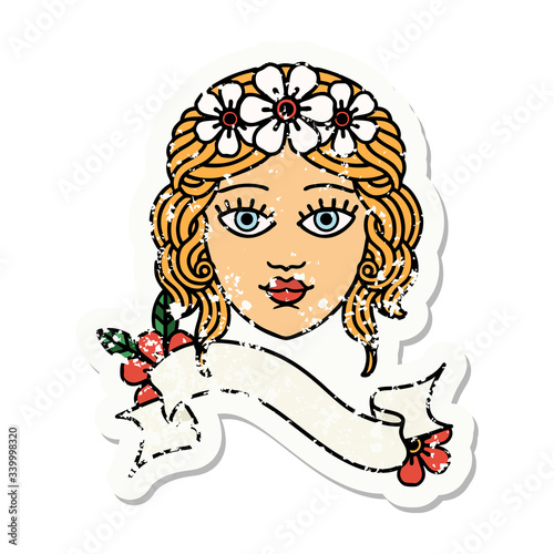 grunge sticker with banner of female face with crown of flowers