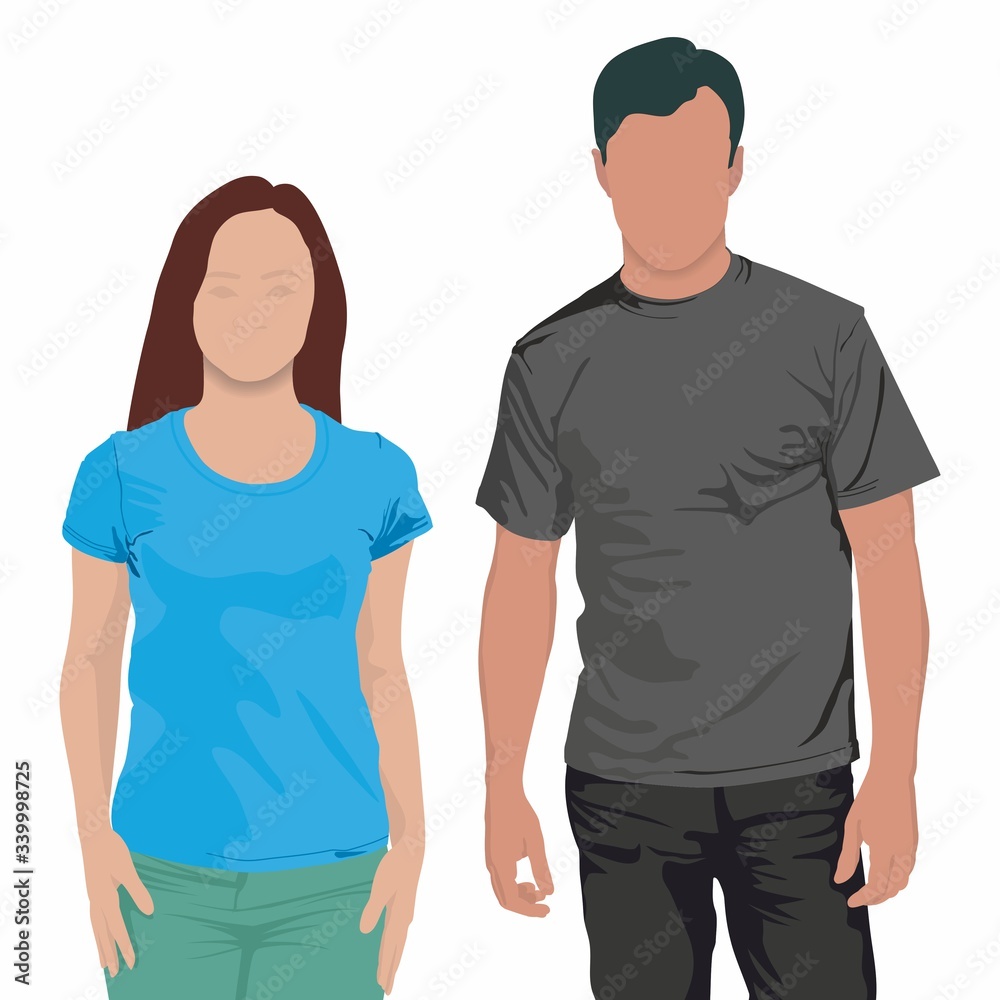 Young boy and girl in blank t-shirts on white background. Boy and girl wearing blank t-shirts isolated on white background with copy space for your logo or text.