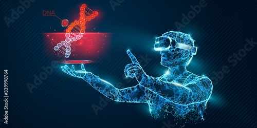 VR wireframe headset vector banner. Polygonal man wearing virtual reality glasses, with holographic of dna code. Science, diagnostics, virtual analytics, analysis. VR games. Thank you for watching