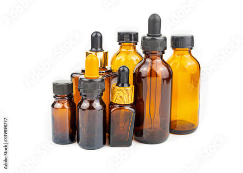 brown medicine glass bottle Many size with dropper isolated on white background is used for cosmetic skin care product ,containing products and medical supplies.clipping path