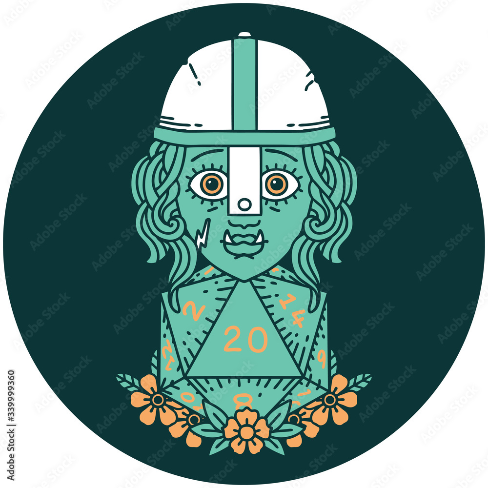 half orc fighter character with natural twenty dice roll icon half orc fighter character with natural twenty dice roll icon