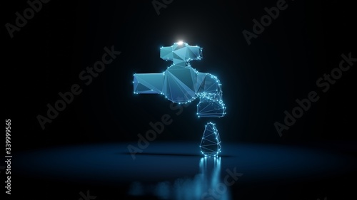 3d rendering wireframe neon glowing symbol of tap on black background with reflection
