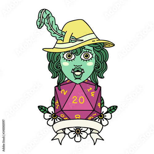 half orc bard with natural 20 dice roll illustration