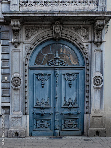 facade with rustic blue door