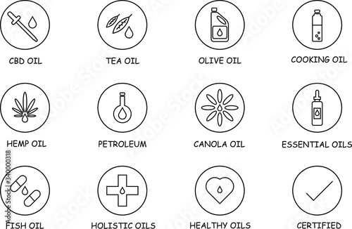 Various oils icon set with essential oils, hemp, CBD oil, petroleum, healthy, and certified stamps and labels