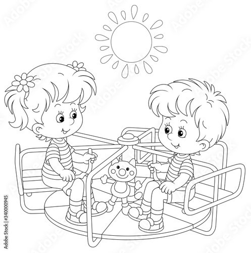 Cheerful small children playing with toys and swinging on a swing on a summer playground in a park, black and white outlined vector cartoon illustration for a coloring book page