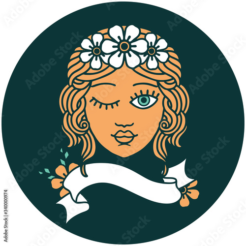 icon with banner of a maidens face winking