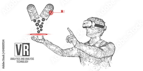 VR wireframe headset vector banner. Polygonal man wearing virtual reality glasses, with holographic of pills. Science, diagnostics, virtual analytics, analysis. VR games. Thank you for watching
