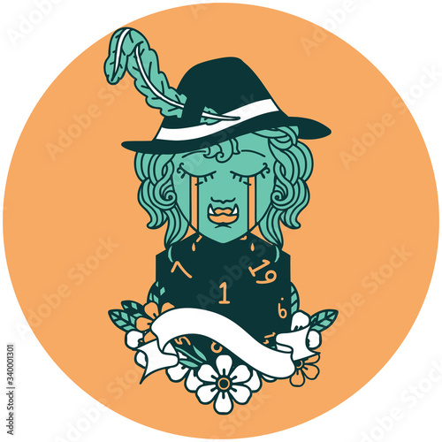 crying orc bard character with natural one D20 roll icon