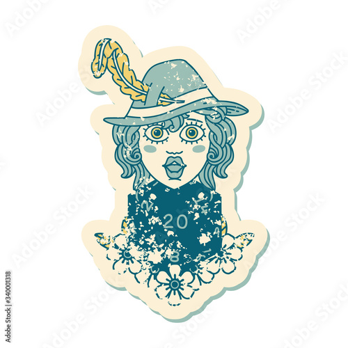 human bard with natural 20 dice roll grunge sticker