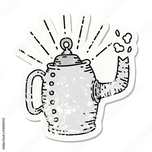 grunge sticker of tattoo style old coffee pot steaming
