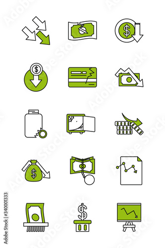 money and economic recession icon set, half color half line style